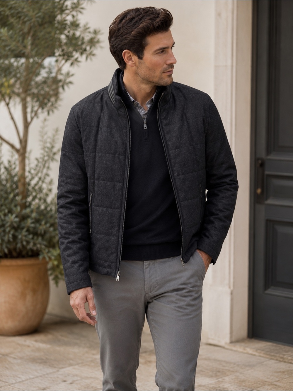 Peter Millar Collection Charcoal Quilted Wool Cashmere Jacket Leather Trim Large